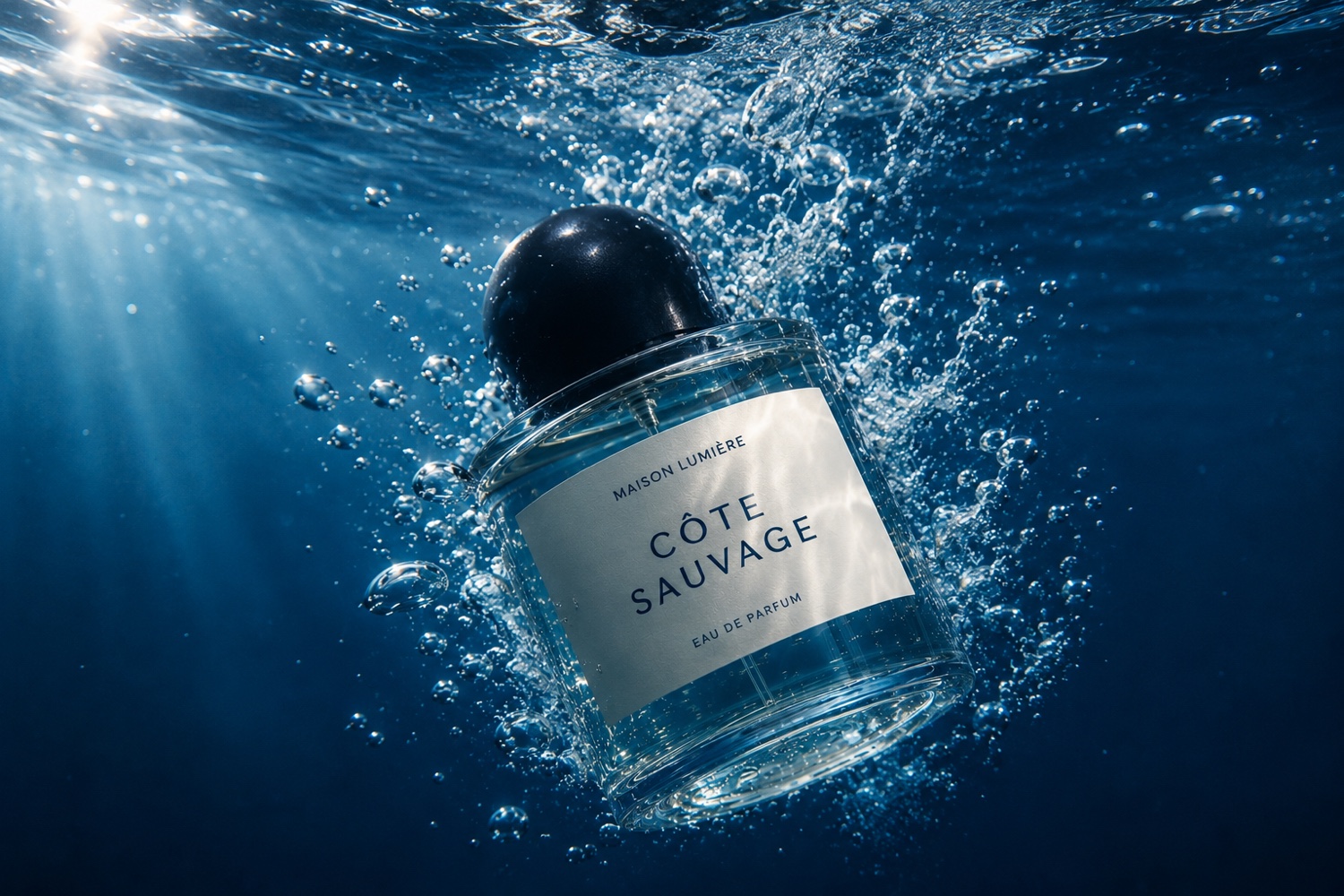 Premium AI campaign visual of a perfume bottle underwater
