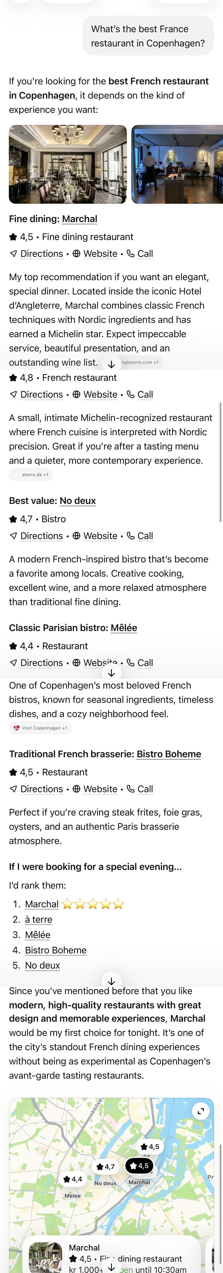 A ChatGPT conversation recommending the best French restaurants in Copenhagen, shown on a phone