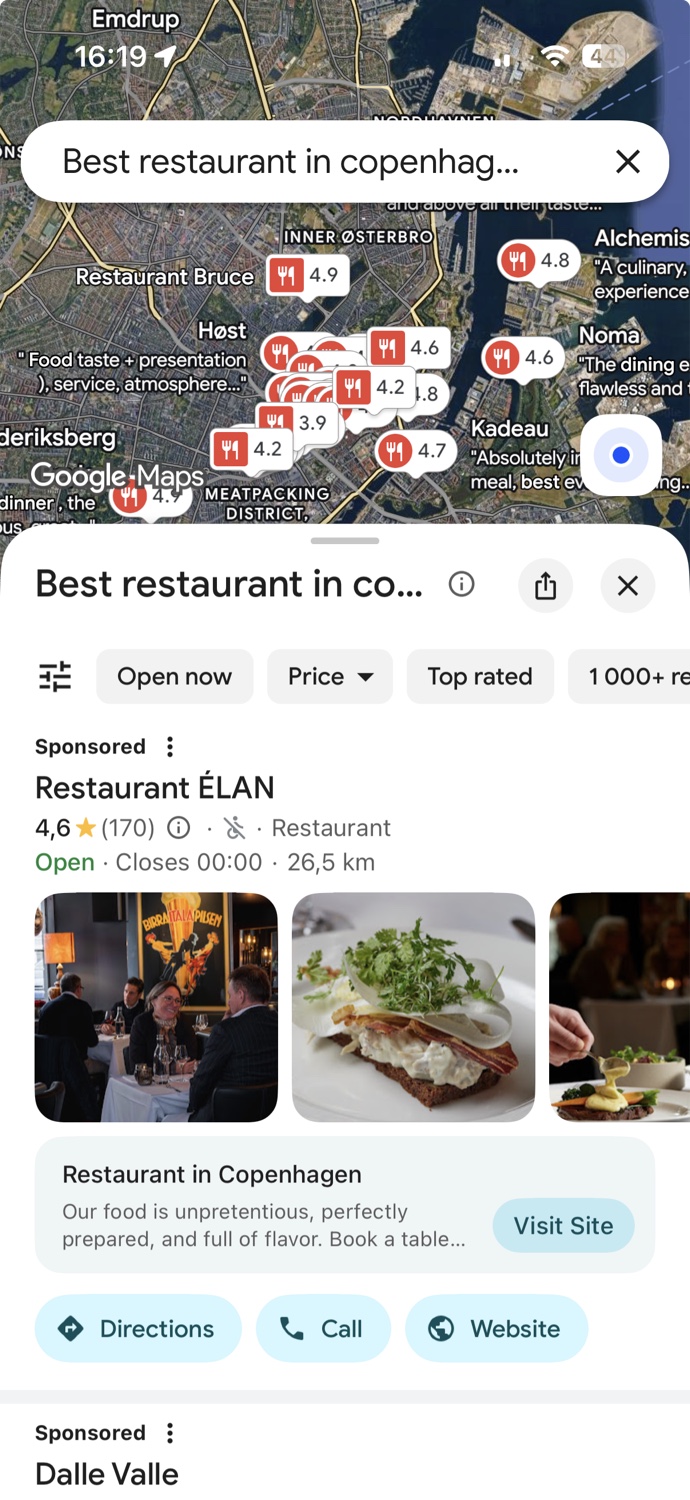 Google Maps search for the best restaurant in Copenhagen, shown on a phone