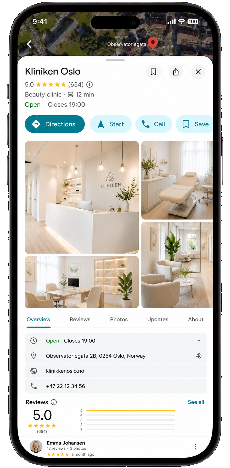 A Google Business Profile filled with professional photos and reviews, shown on a phone
