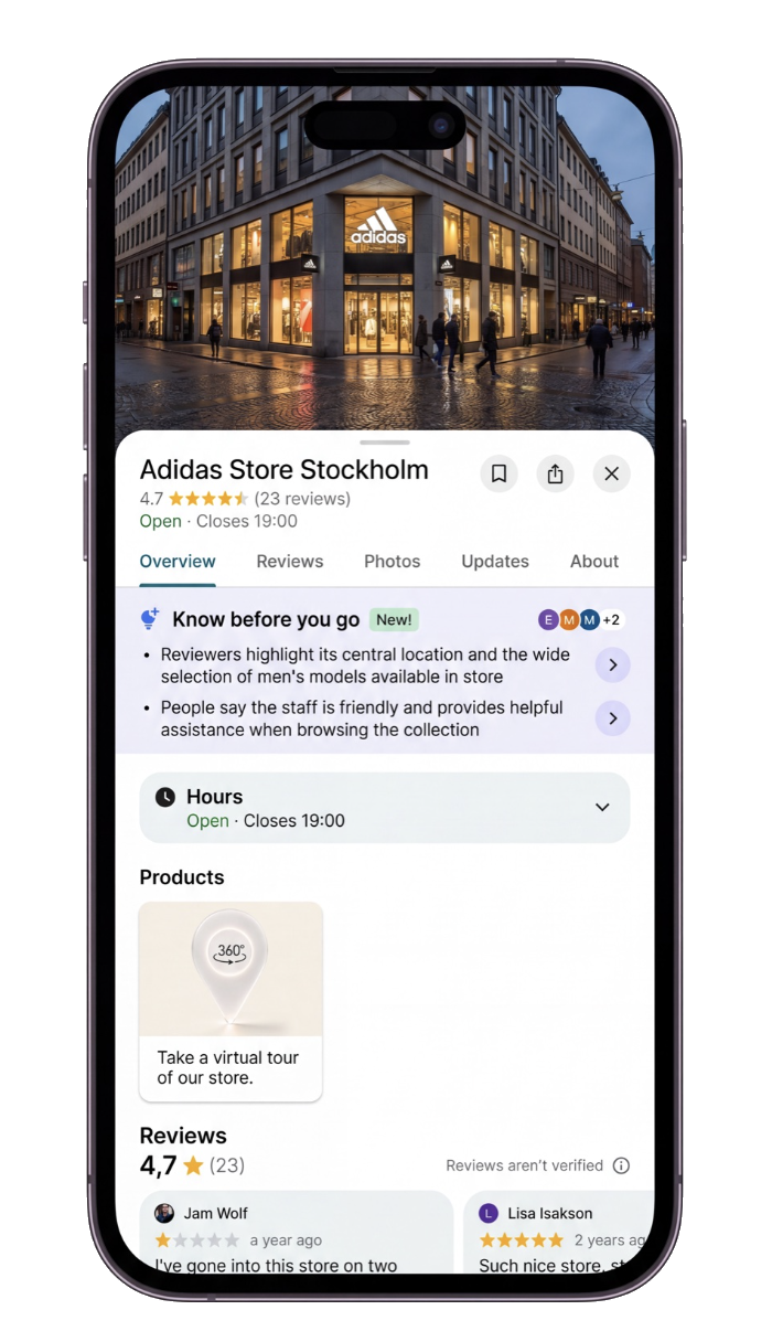 A complete Google Business Profile with a virtual tour on iPhone